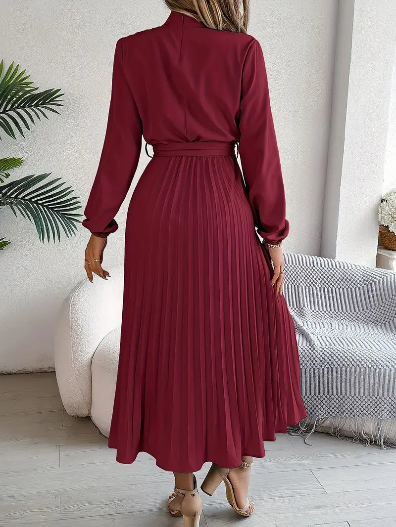 Women's Pleated Belted Midi Dress – Long Sleeve | Henrietta