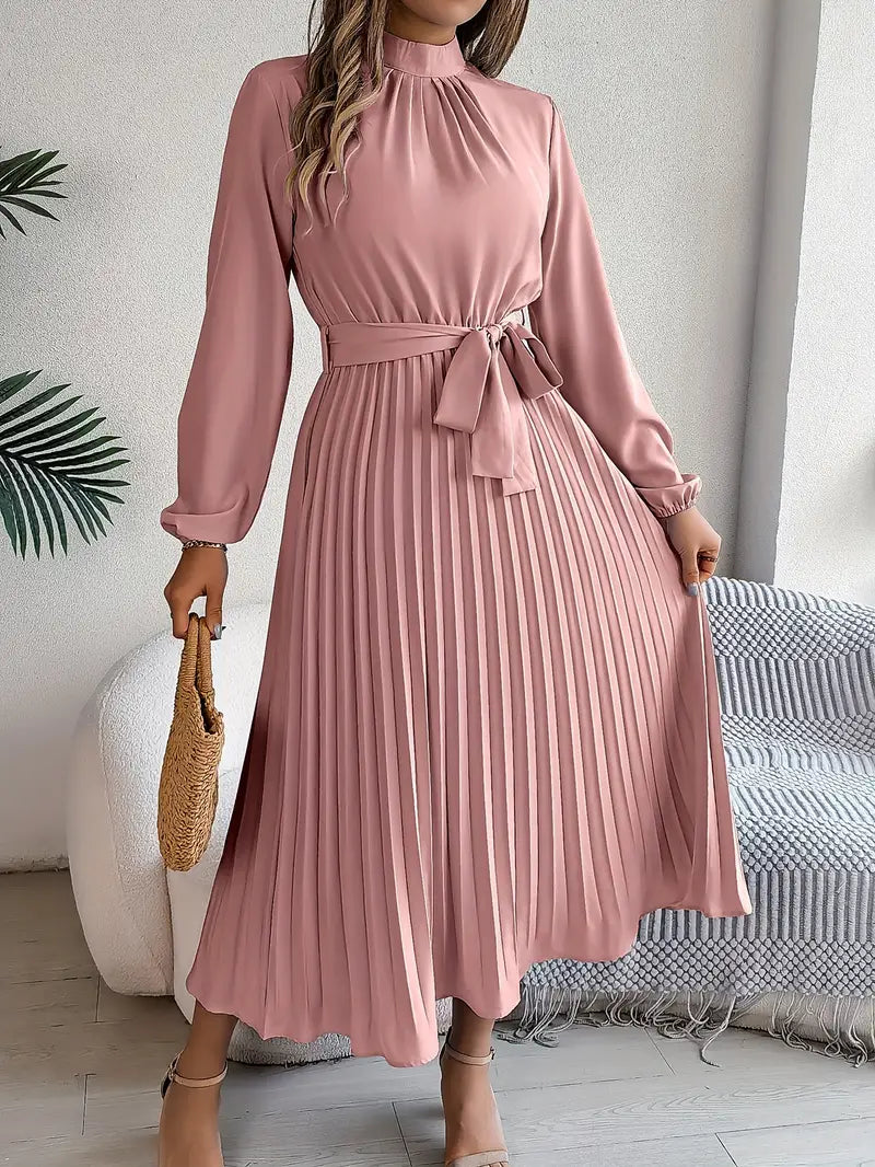 Women's Pleated Belted Midi Dress – Long Sleeve | Henrietta