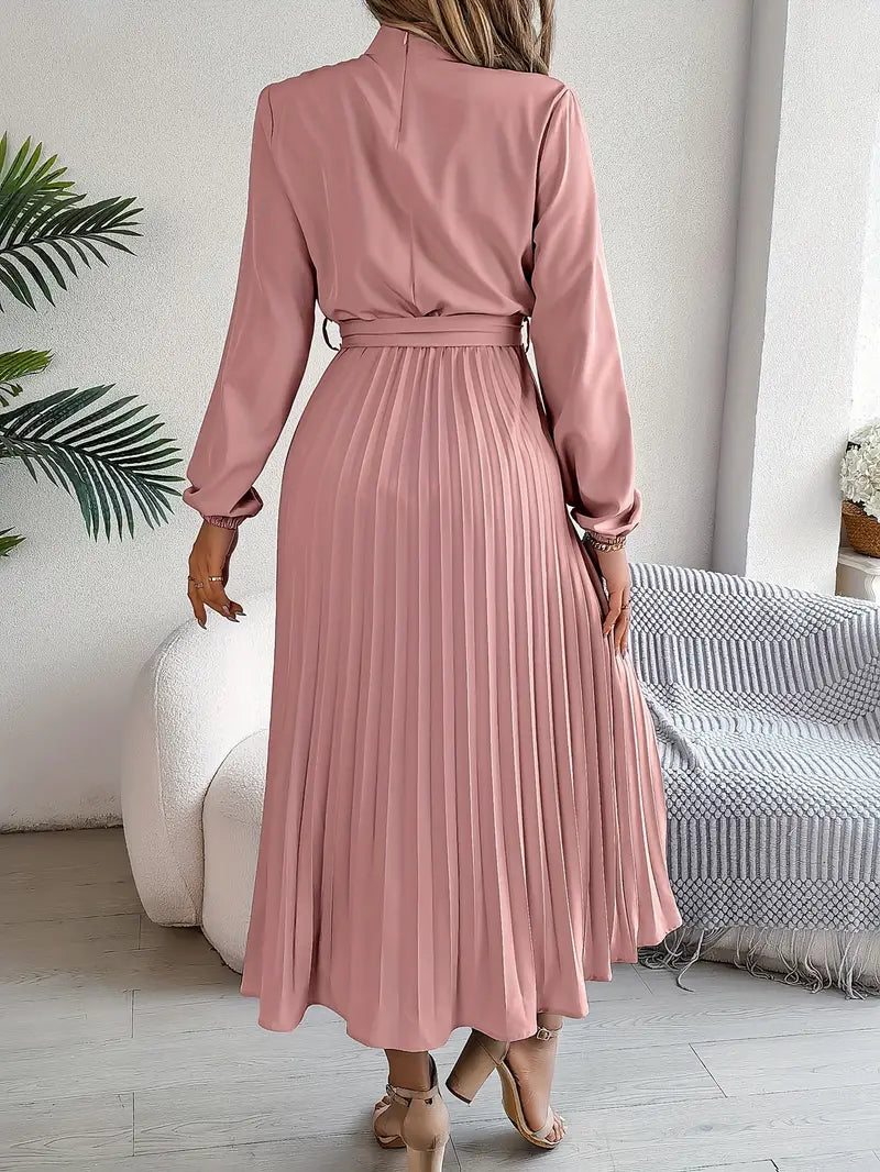 Women's Pleated Belted Midi Dress – Long Sleeve | Henrietta