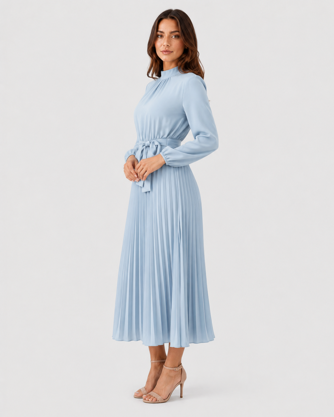 Women’s long-sleeve pleated midi dress featuring a high gathered neckline, fabric waist belt, and flowing pleated skirt. Designed with a fitted waist and relaxed silhouette for comfortable everyday wear.