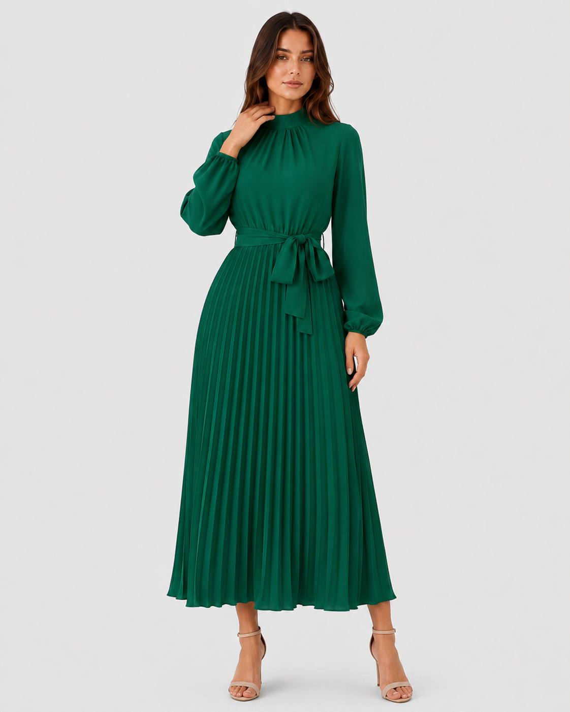 Women’s long-sleeve pleated midi dress featuring a high gathered neckline, fabric waist belt, and flowing pleated skirt. Designed with a fitted waist and relaxed silhouette for comfortable everyday wear.