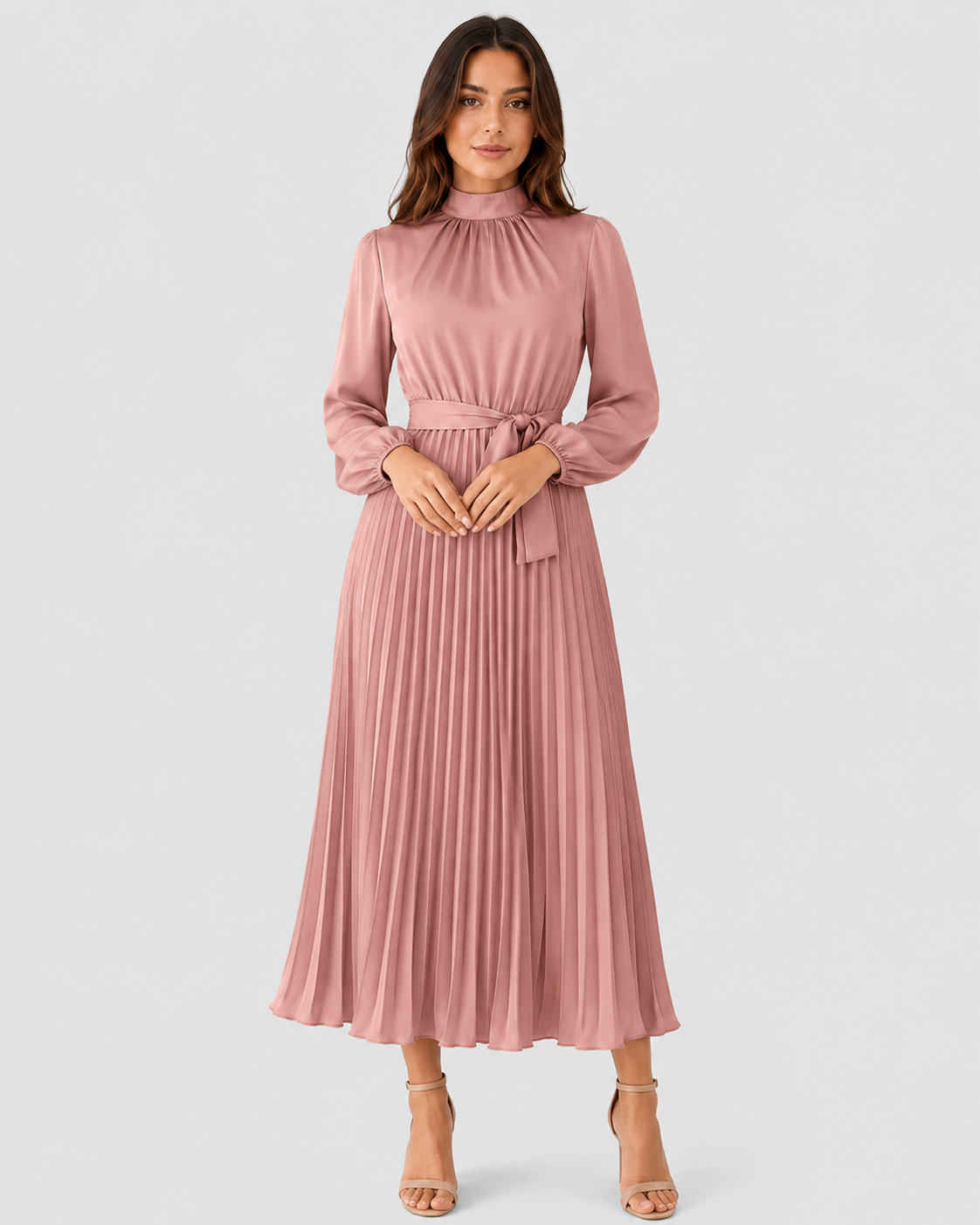 Women’s long-sleeve pleated midi dress featuring a high gathered neckline, fabric waist belt, and flowing pleated skirt. Designed with a fitted waist and relaxed silhouette for comfortable everyday wear.