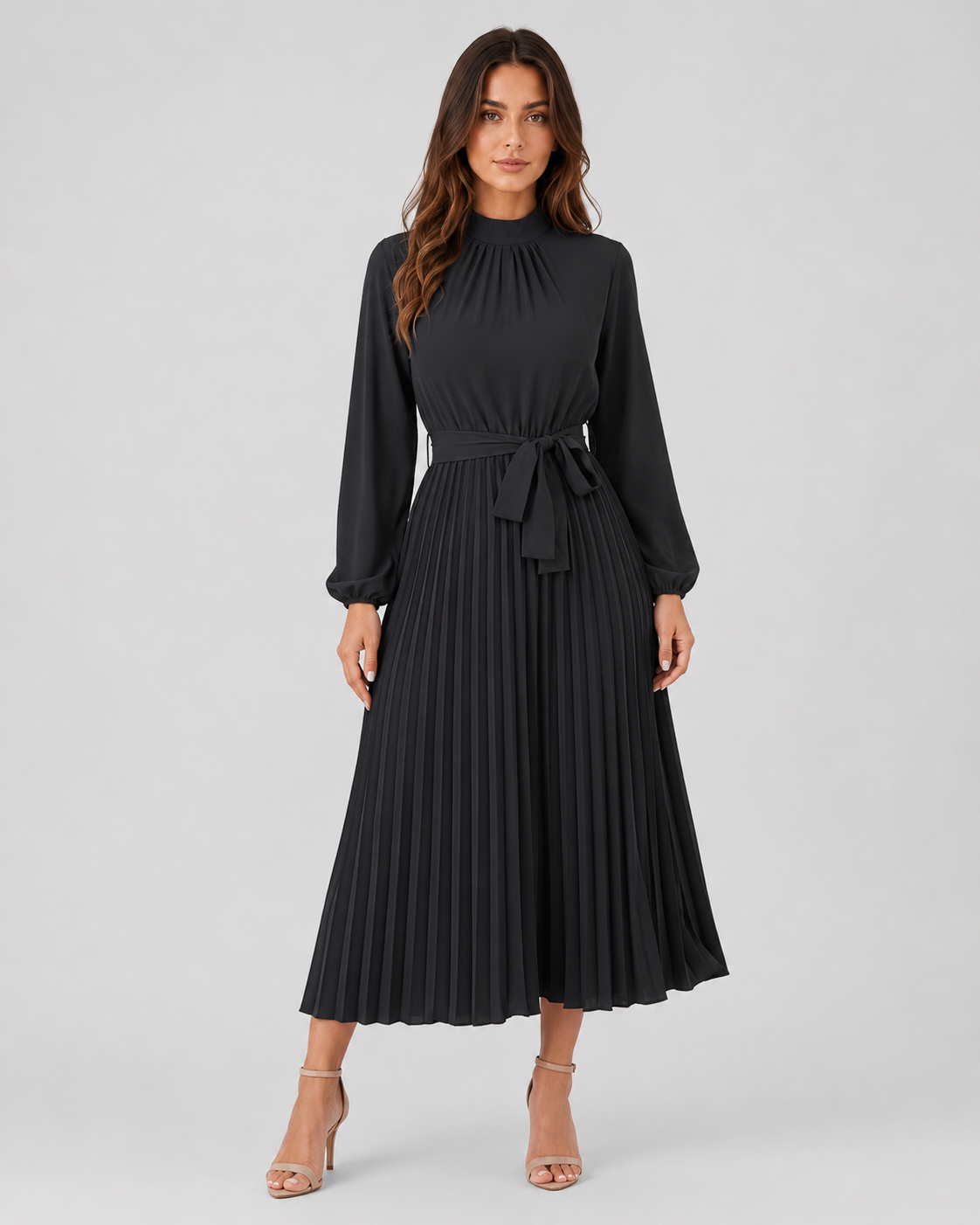 Women’s long-sleeve pleated midi dress featuring a high gathered neckline, fabric waist belt, and flowing pleated skirt. Designed with a fitted waist and relaxed silhouette for comfortable everyday wear.