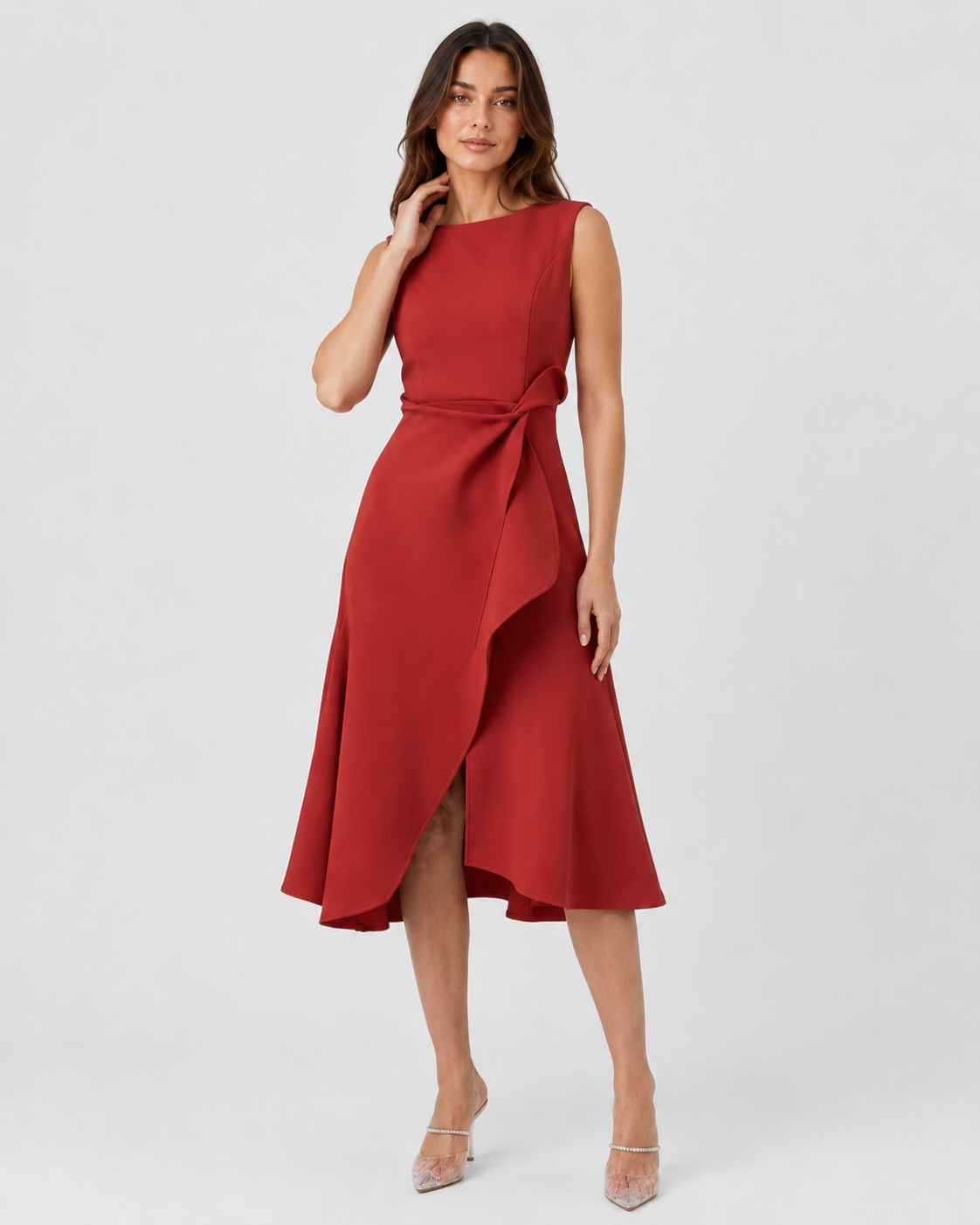 Women’s sleeveless pleated midi evening dress featuring a tailored waist and flowing pleated skirt. Designed in a slip-on style with a structured fitted bodice and elegant midi-length silhouette. Available in Red, Navy Blue, Pink, Light Blue, Purple, and Green, in sizes S–3XL.