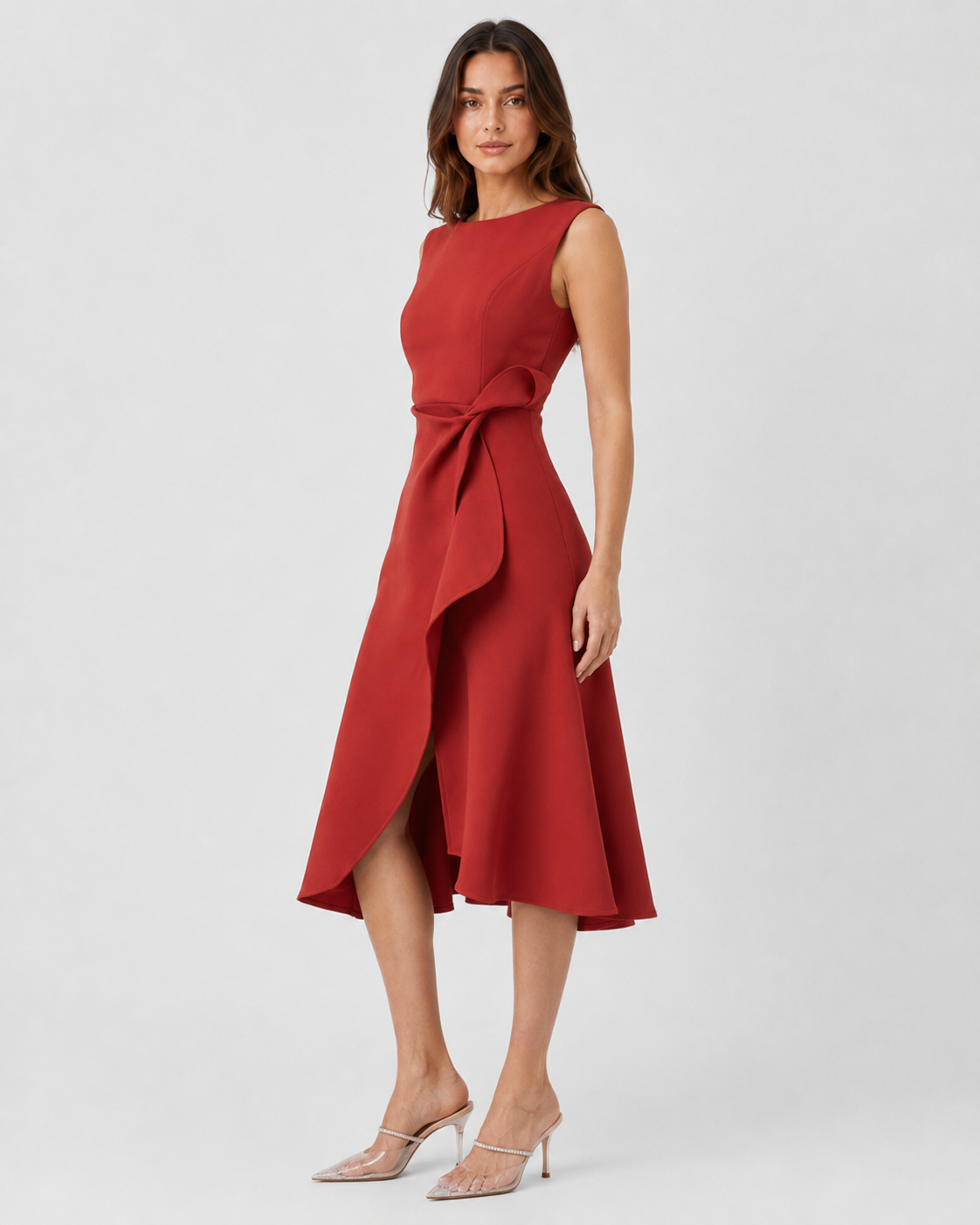 Women’s sleeveless pleated midi evening dress featuring a tailored waist and flowing pleated skirt. Designed in a slip-on style with a structured fitted bodice and elegant midi-length silhouette. Available in Red, Navy Blue, Pink, Light Blue, Purple, and Green, in sizes S–3XL.