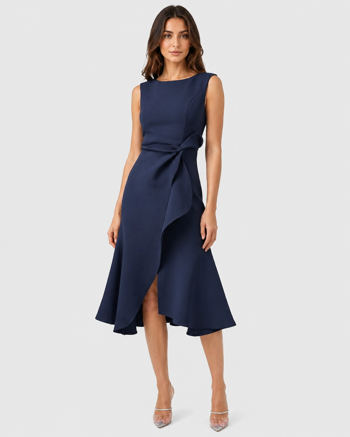 Women’s sleeveless pleated midi evening dress featuring a tailored waist and flowing pleated skirt. Designed in a slip-on style with a structured fitted bodice and elegant midi-length silhouette. Available in Red, Navy Blue, Pink, Light Blue, Purple, and Green, in sizes S–3XL.
