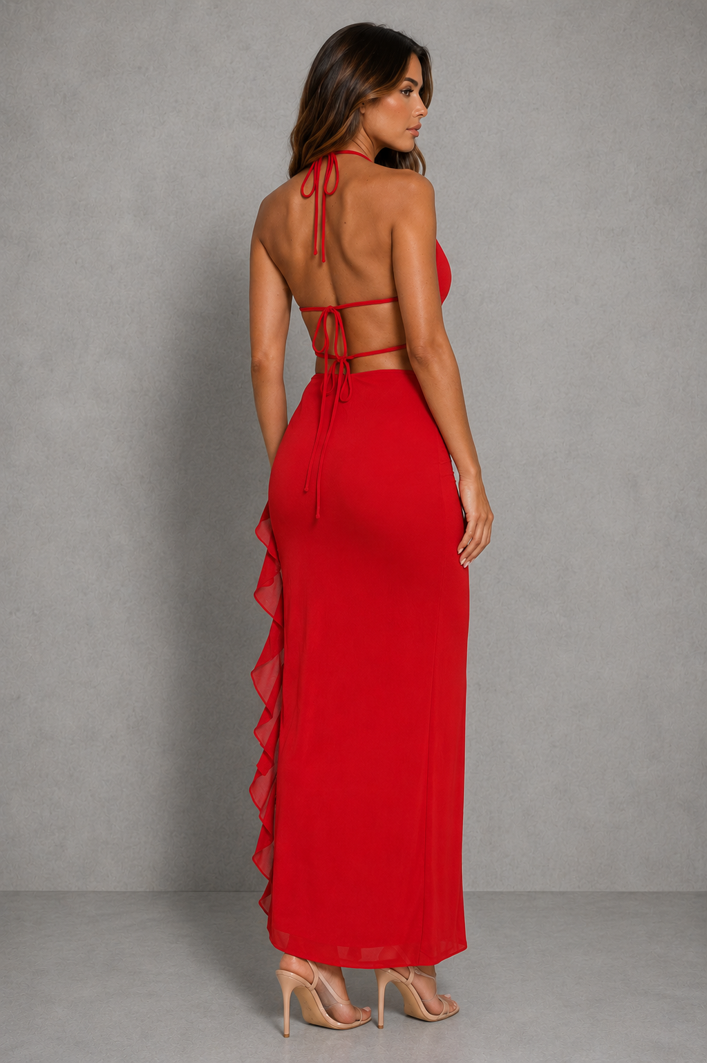 Women's plunge neck mesh maxi dress featuring a deep V-neckline, adjustable tie-back design, backless silhouette, figure-skimming fit, cascading ruffle-trimmed high side slit, and lightweight fully lined mesh fabric for elegant evening, party, and special occasion wear.