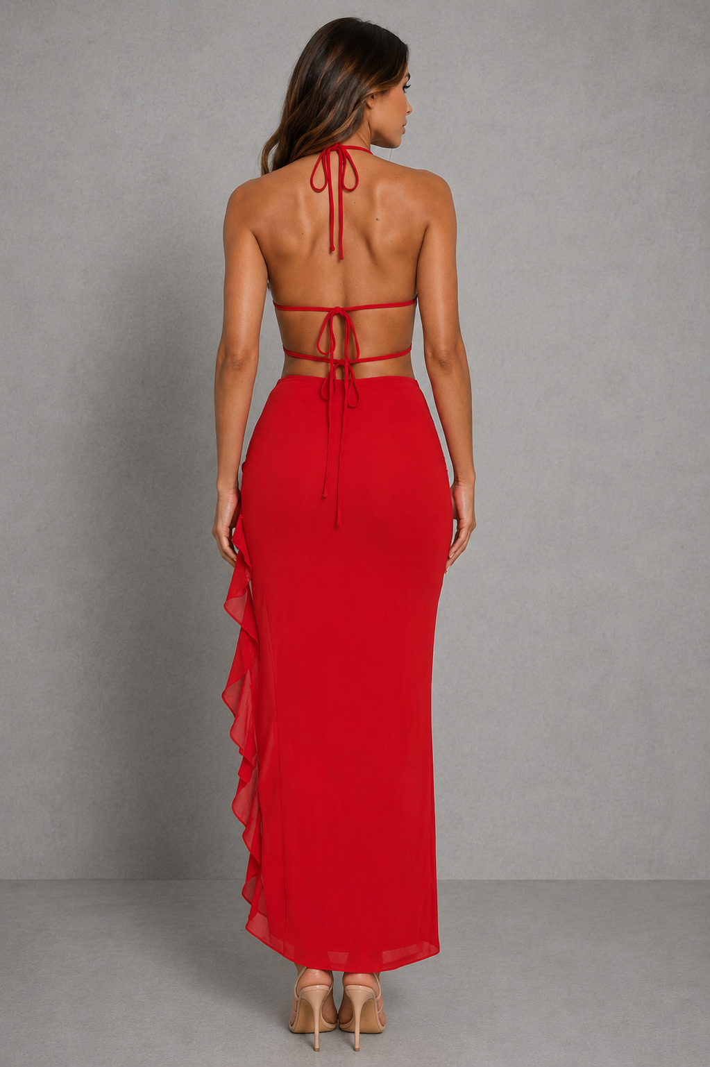 Women's plunge neck mesh maxi dress featuring a deep V-neckline, adjustable tie-back design, backless silhouette, figure-skimming fit, cascading ruffle-trimmed high side slit, and lightweight fully lined mesh fabric for elegant evening, party, and special occasion wear.