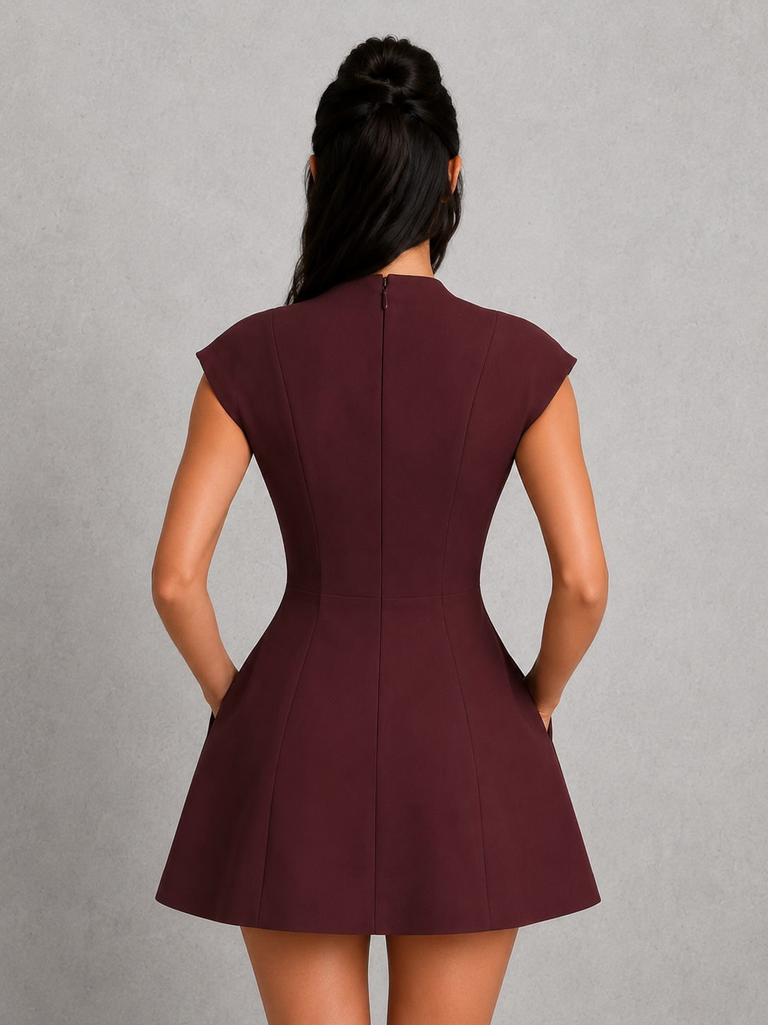 Women’s plunge neck mini dress in premium crepe fabric featuring a deep V-neckline, short cap sleeves, a fitted bodice with structured seam detailing, and a voluminous bubble skirt. This elegant mini dress offers a flattering silhouette with a modern, sophisticated look, ideal for parties, cocktail events, weddings, and special occasions.
