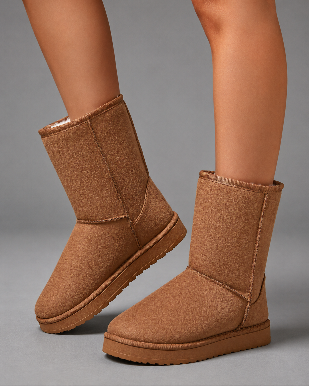 Women’s plush-lined mid-calf snow boots with a soft cotton upper, corduroy shaft, cozy interior, round toe and easy slip-on design.