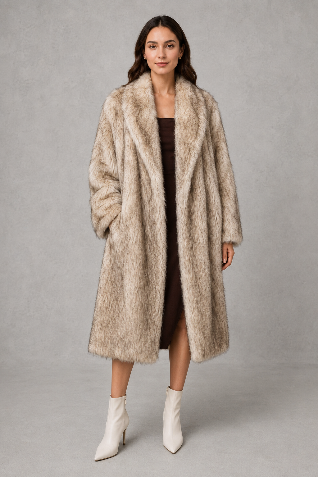 Women’s plush faux fur coat with a soft fluffy texture, voluminous statement silhouette, relaxed fit, and luxurious cold-weather finish.