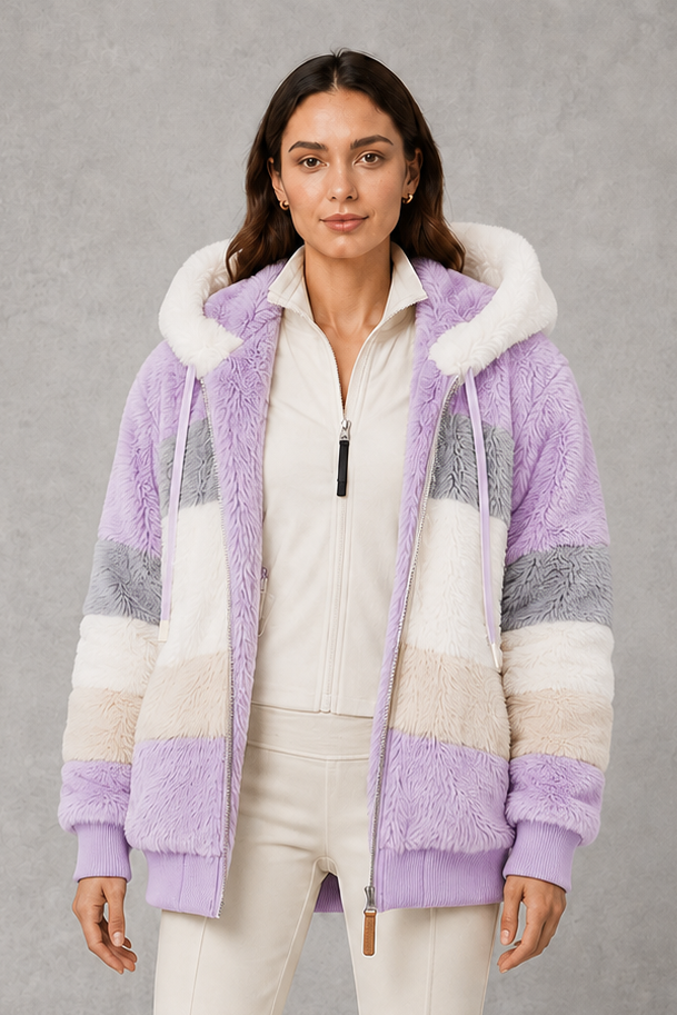 Women’s plush faux fur hooded coat with soft textured panels, rib-knit cuffs and a relaxed feminine silhouette for cozy cold-weather wear.