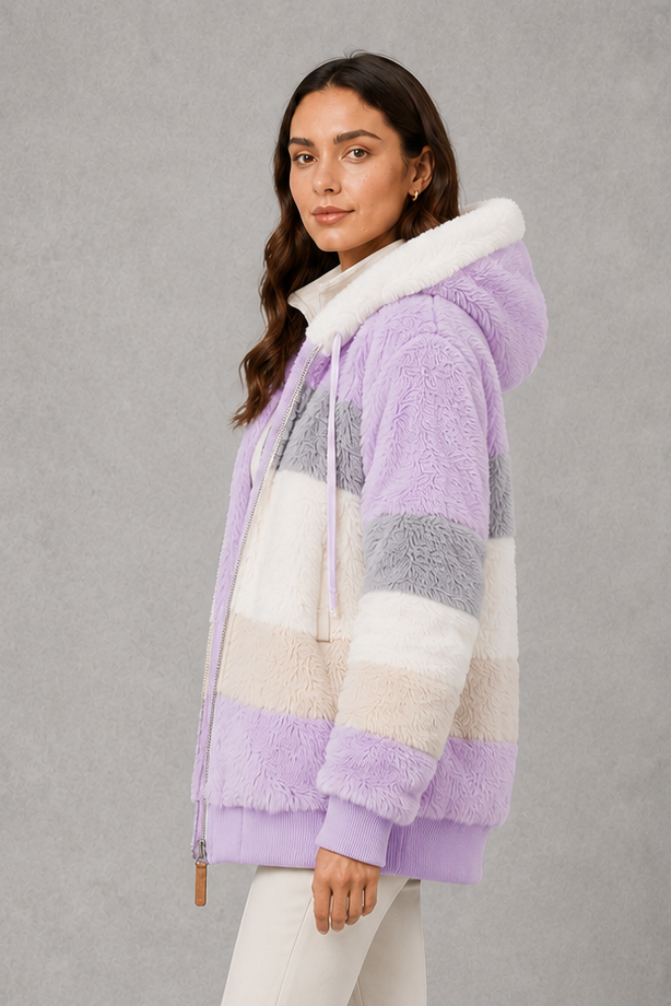 Women’s plush faux fur hooded coat with soft textured panels, rib-knit cuffs and a relaxed feminine silhouette for cozy cold-weather wear.