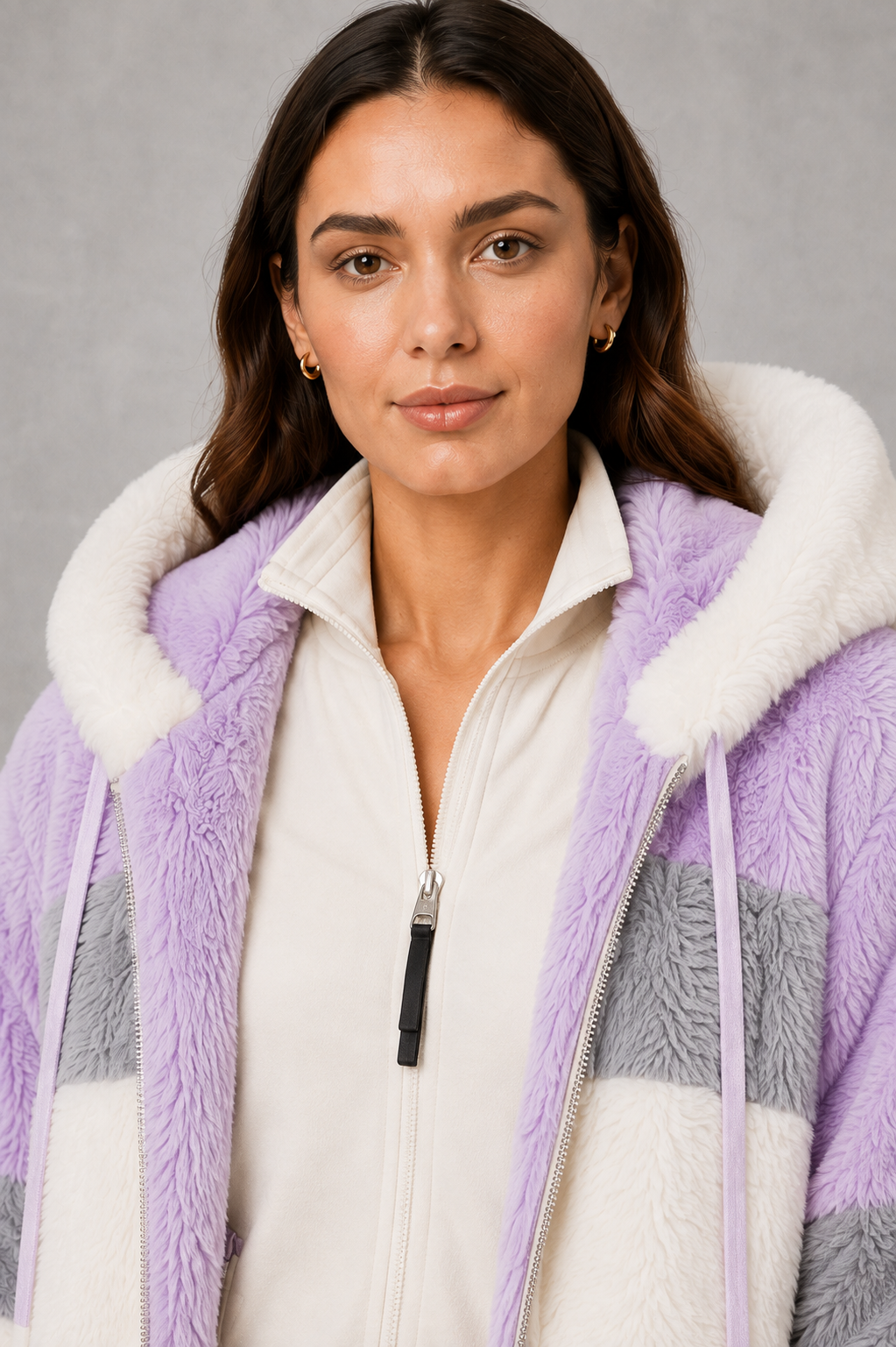 Women’s plush faux fur hooded coat with soft textured panels, rib-knit cuffs and a relaxed feminine silhouette for cozy cold-weather wear.
