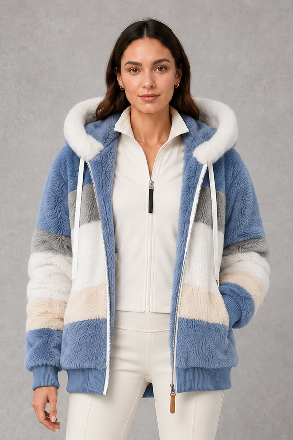 Women’s plush faux fur hooded coat with soft textured panels, rib-knit cuffs and a relaxed feminine silhouette for cozy cold-weather wear.