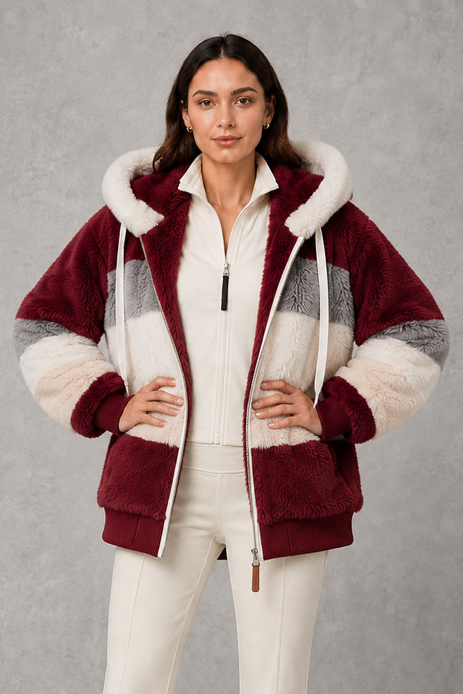 Women’s plush faux fur hooded coat with soft textured panels, rib-knit cuffs and a relaxed feminine silhouette for cozy cold-weather wear.