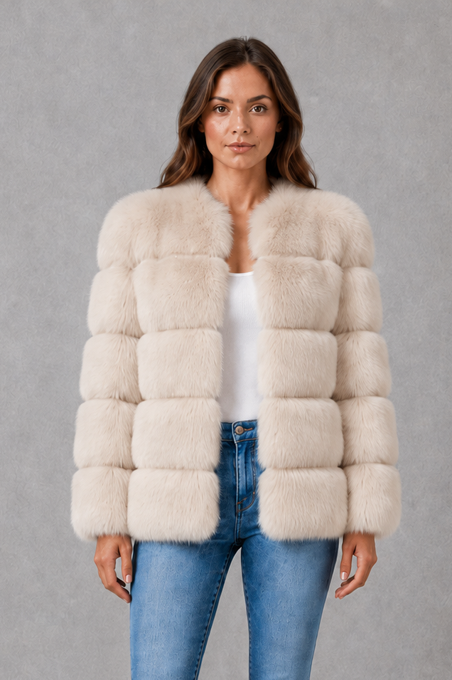 Women’s plush faux fur jacket with a luxuriously soft texture, elegant statement collar and relaxed silhouette for sophisticated cold-weather styling.