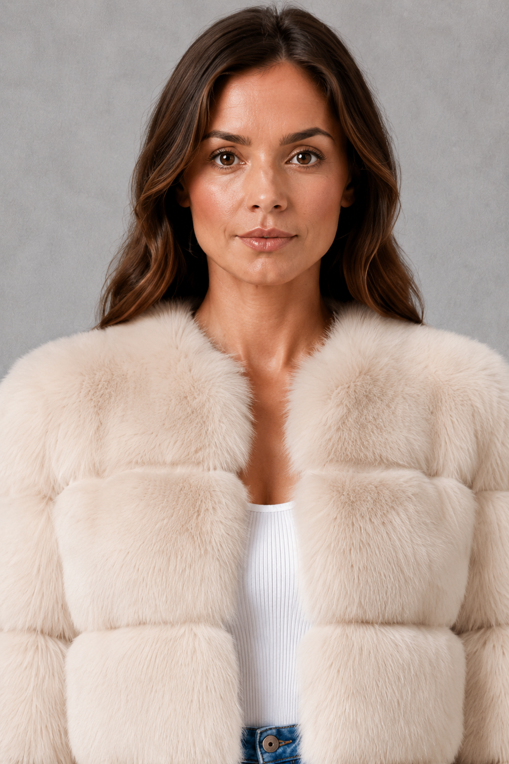 Women’s plush faux fur jacket with a luxuriously soft texture, elegant statement collar and relaxed silhouette for sophisticated cold-weather styling.