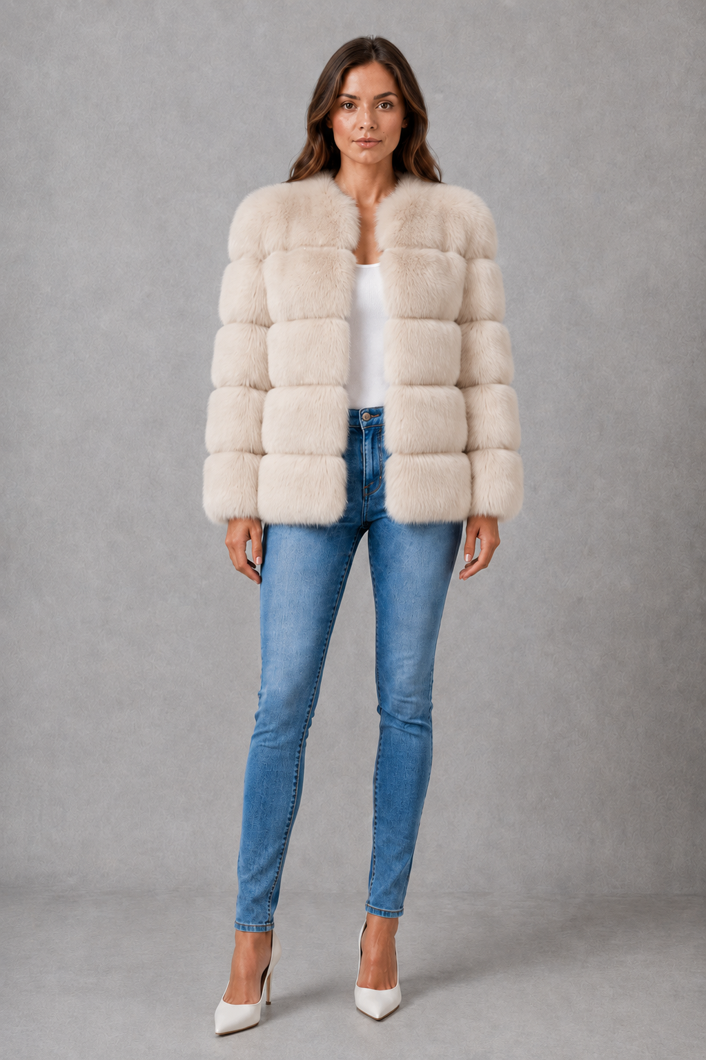 Women’s plush faux fur jacket with a luxuriously soft texture, elegant statement collar and relaxed silhouette for sophisticated cold-weather styling.
