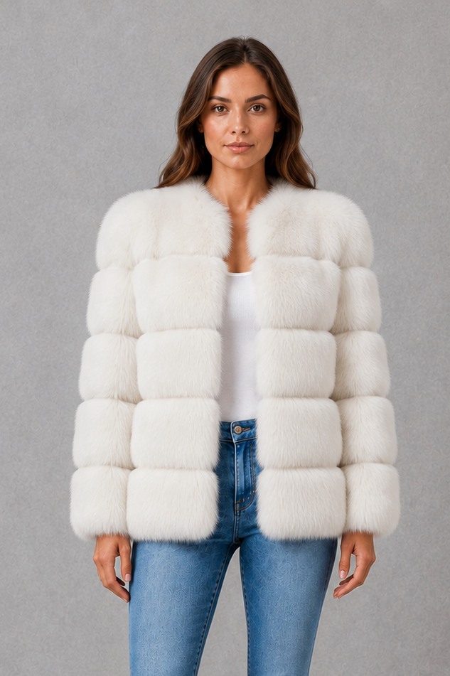 Women’s plush faux fur jacket with a luxuriously soft texture, elegant statement collar and relaxed silhouette for sophisticated cold-weather styling.