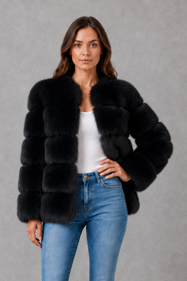 Women’s plush faux fur jacket with a luxuriously soft texture, elegant statement collar and relaxed silhouette for sophisticated cold-weather styling.
