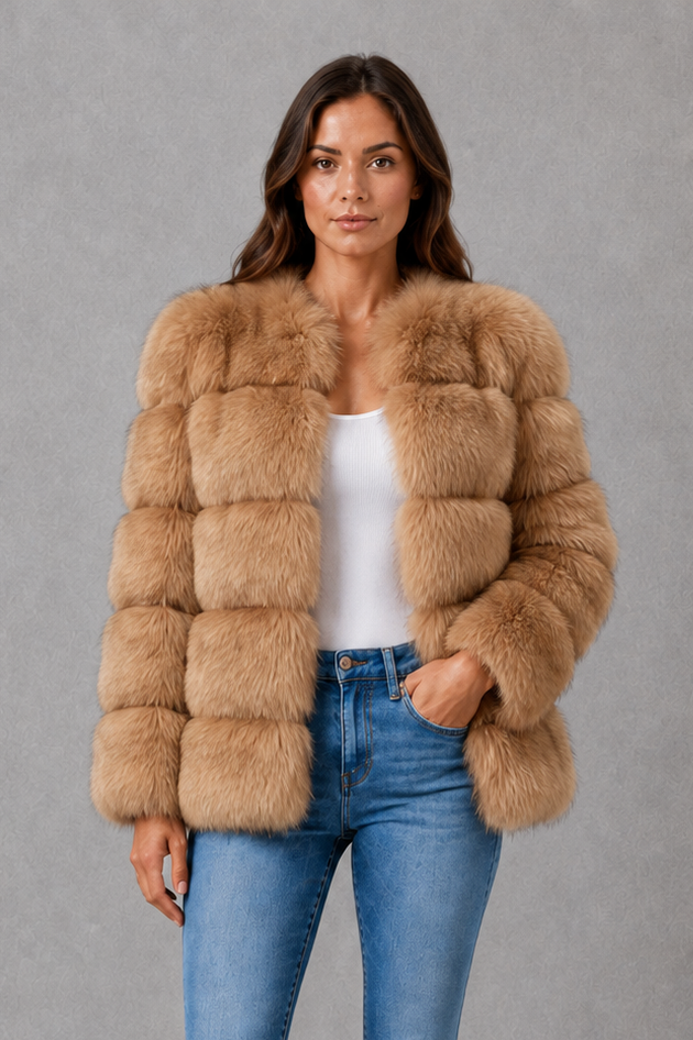 Women’s plush faux fur jacket with a luxuriously soft texture, elegant statement collar and relaxed silhouette for sophisticated cold-weather styling.