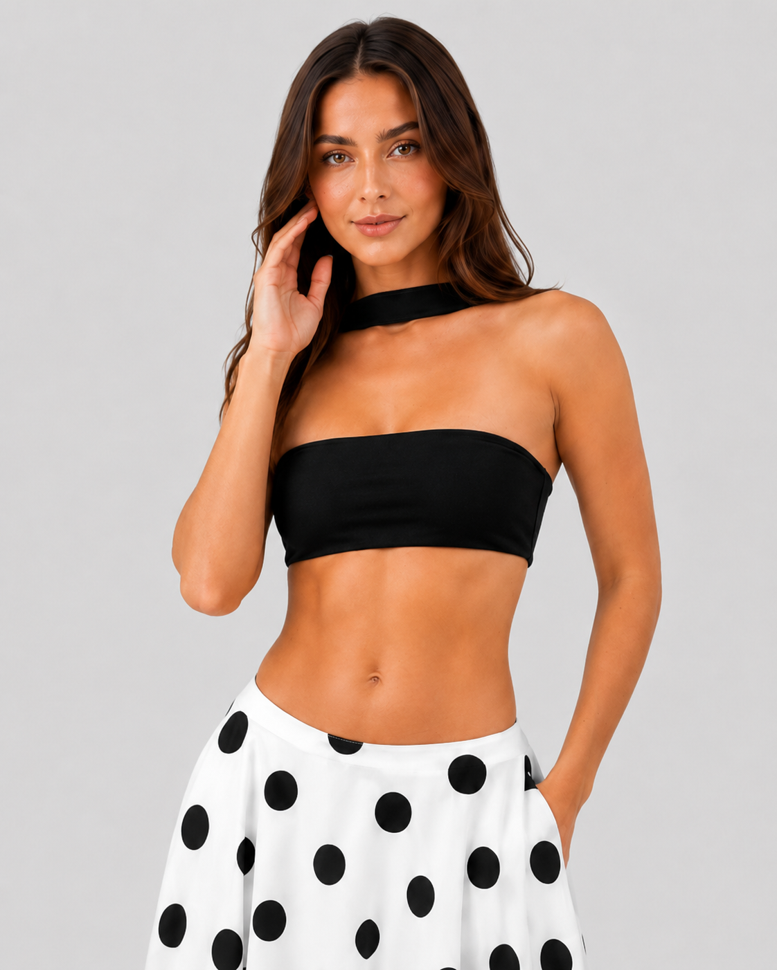 Women’s flowy maxi skirt featuring a classic black-and-white polka dot pattern, lightweight breathable fabric, and a relaxed silhouette for comfortable everyday wear.
