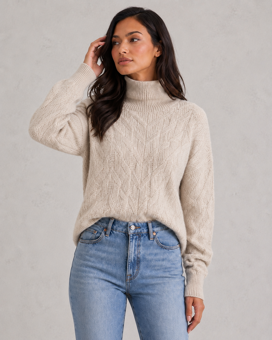 Women's cashmere chainette turtleneck sweater in a soft-touch knit with a classic high neckline and luxurious autumn-winter styling.