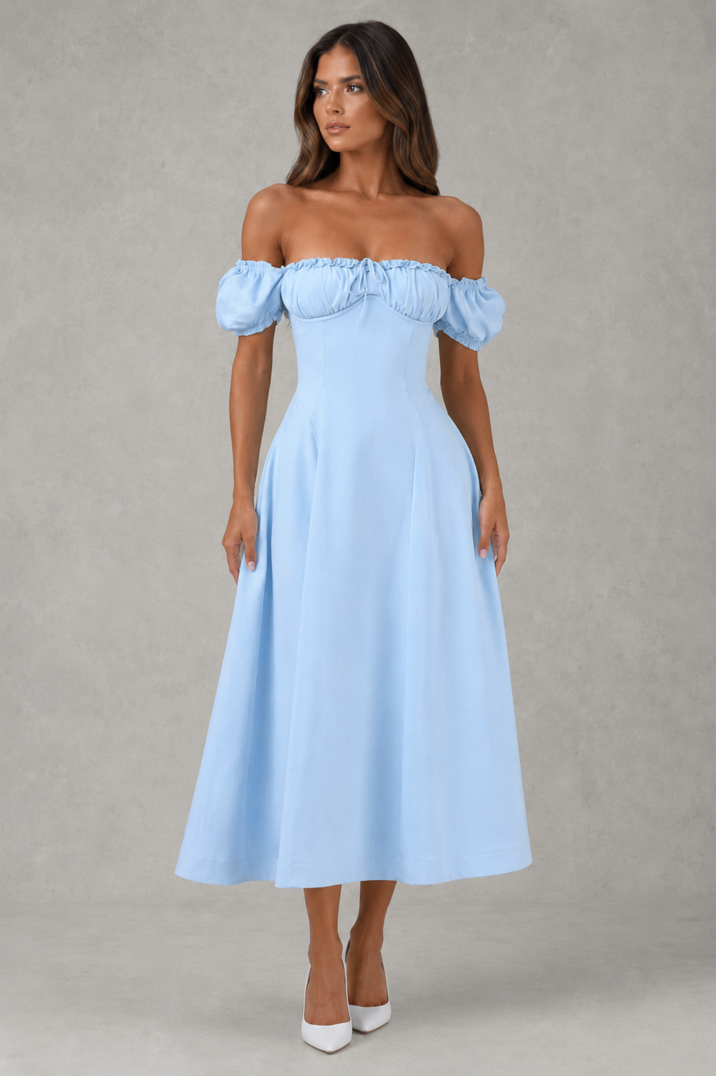 Women’s puff sleeve midi dress with ruched underwired bust, cinched waist, adjustable lace-up back, and flowing dropped-waist skirt.