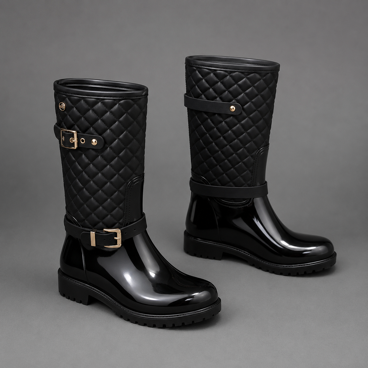 Women’s quilted plaid rain boots with waterproof PVC construction, decorative side buckle, mid-calf height, round toe, and non-slip rubber outsole.