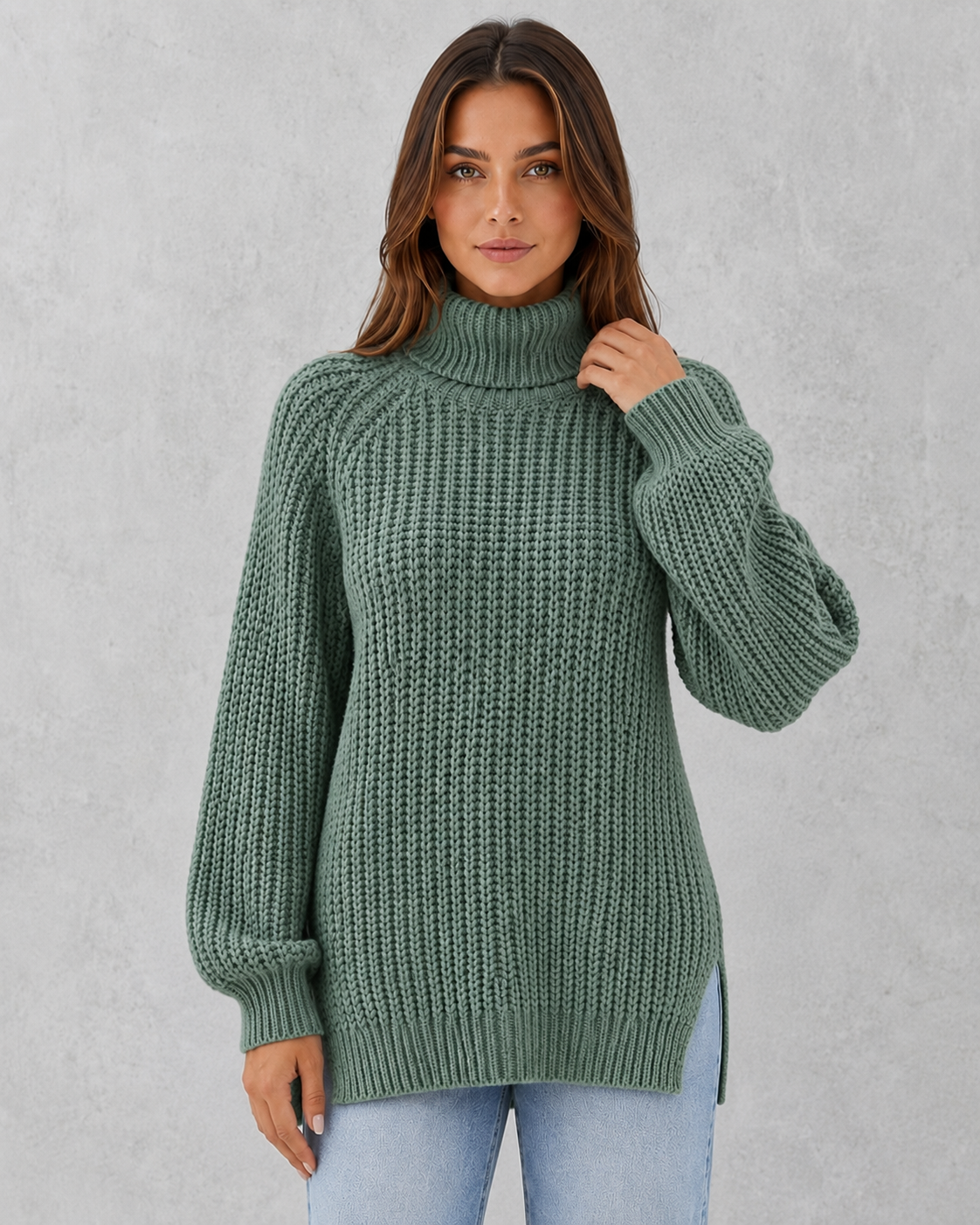 Women's lavender textured knit turtleneck sweater with a soft cozy fit and elegant cold-weather styling