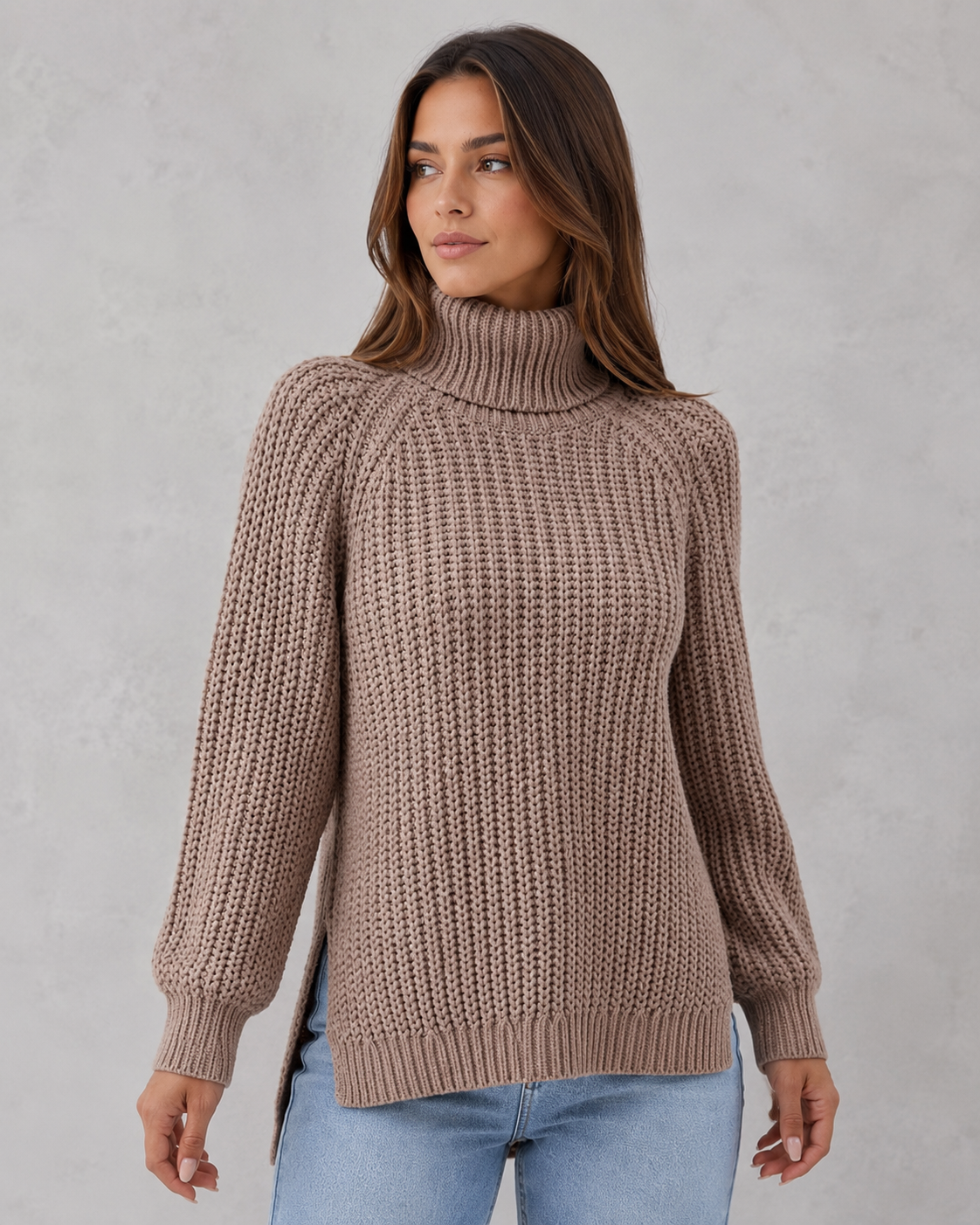 Women's lavender textured knit turtleneck sweater with a soft cozy fit and elegant cold-weather styling