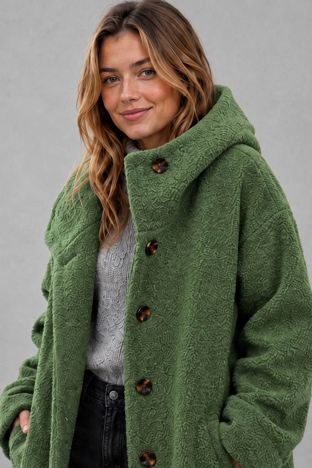 Women’s relaxed fit button coat with a classic overcoat silhouette, long sleeves, lightweight construction, and elegant button-front closure.