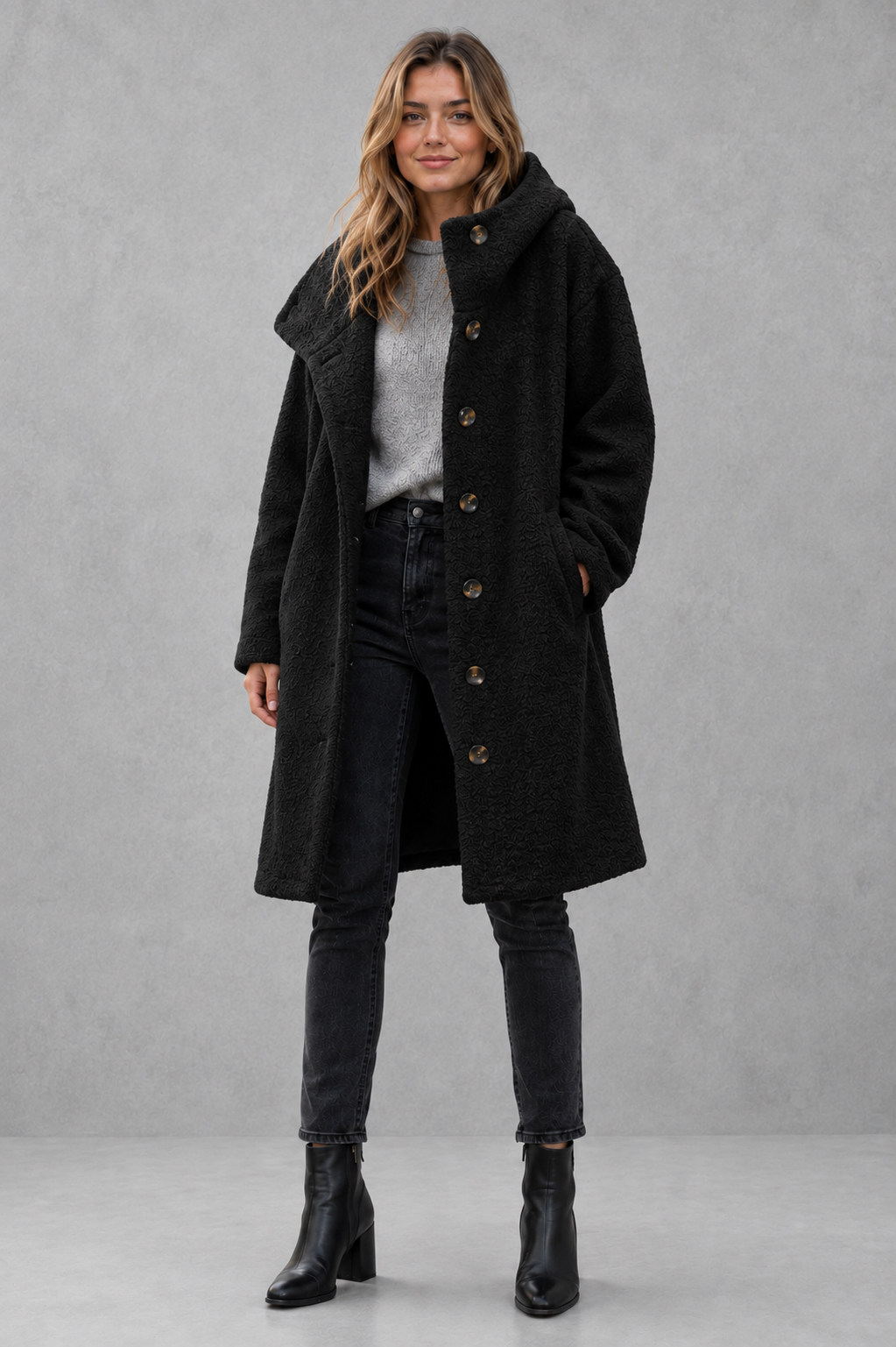 Women’s relaxed fit button coat with a classic overcoat silhouette, long sleeves, lightweight construction, and elegant button-front closure.