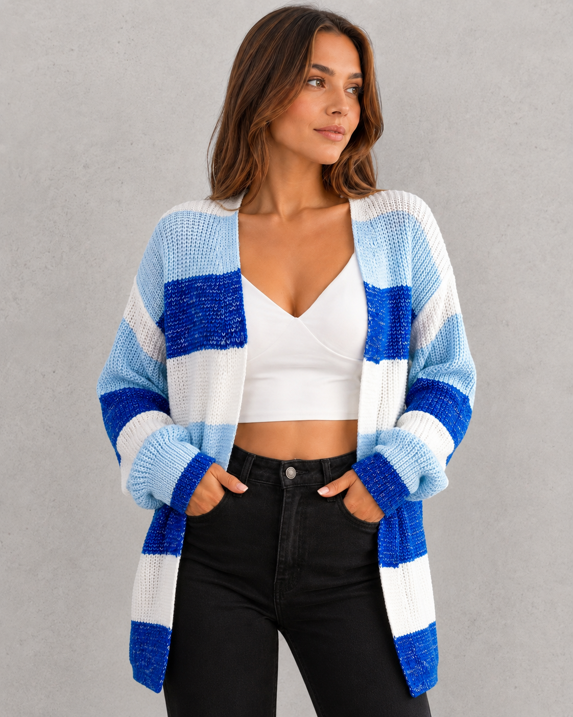 Women's relaxed fit stylish cardigan in soft knit fabric with timeless silhouette, cozy texture, and elegant layering design for autumn styling.