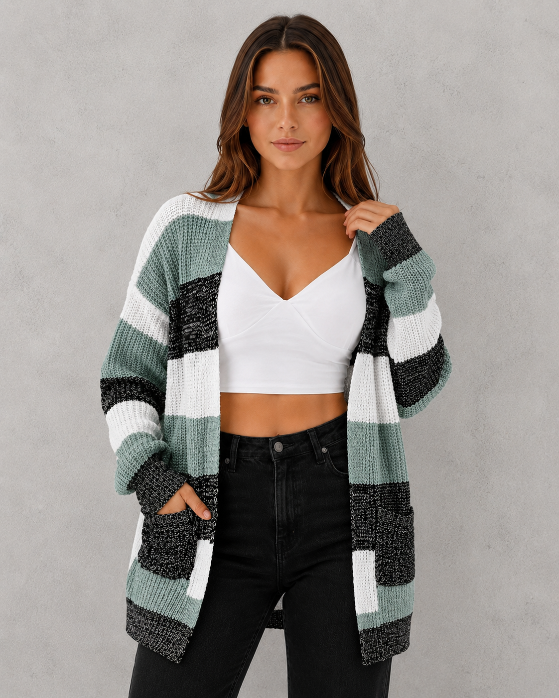 Women's relaxed fit stylish cardigan in soft knit fabric with timeless silhouette, cozy texture, and elegant layering design for autumn styling.