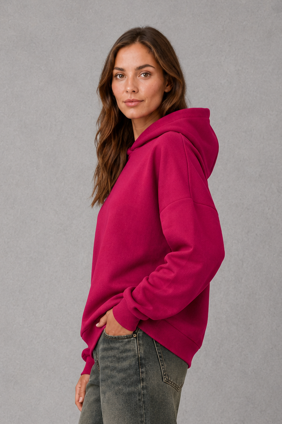 Women’s relaxed fleece pullover hoodie with a soft cotton-blend construction, classic hood, long sleeves and ribbed cuffs and hem.