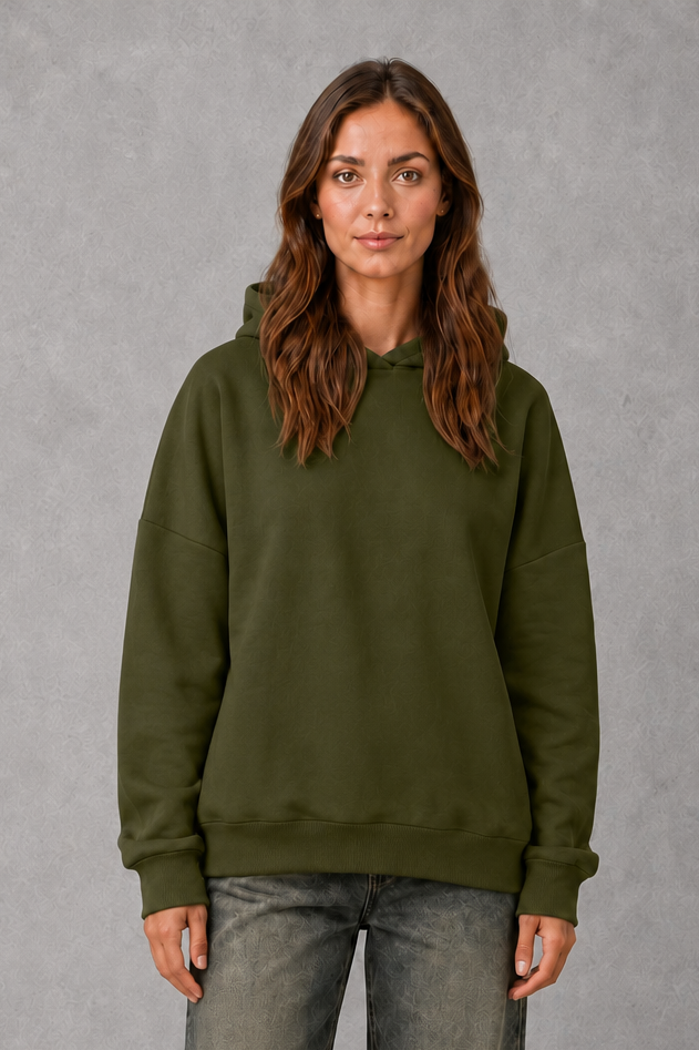 Women’s relaxed fleece pullover hoodie with a soft cotton-blend construction, classic hood, long sleeves and ribbed cuffs and hem.