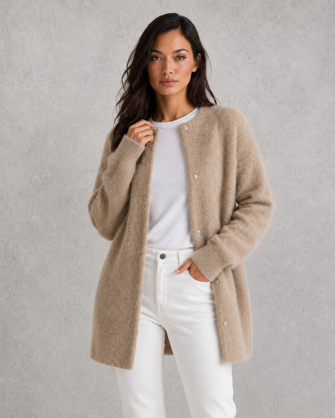 Women's relaxed-fit soft knit cardigan in a classic design with elegant drape and comfortable everyday styling.