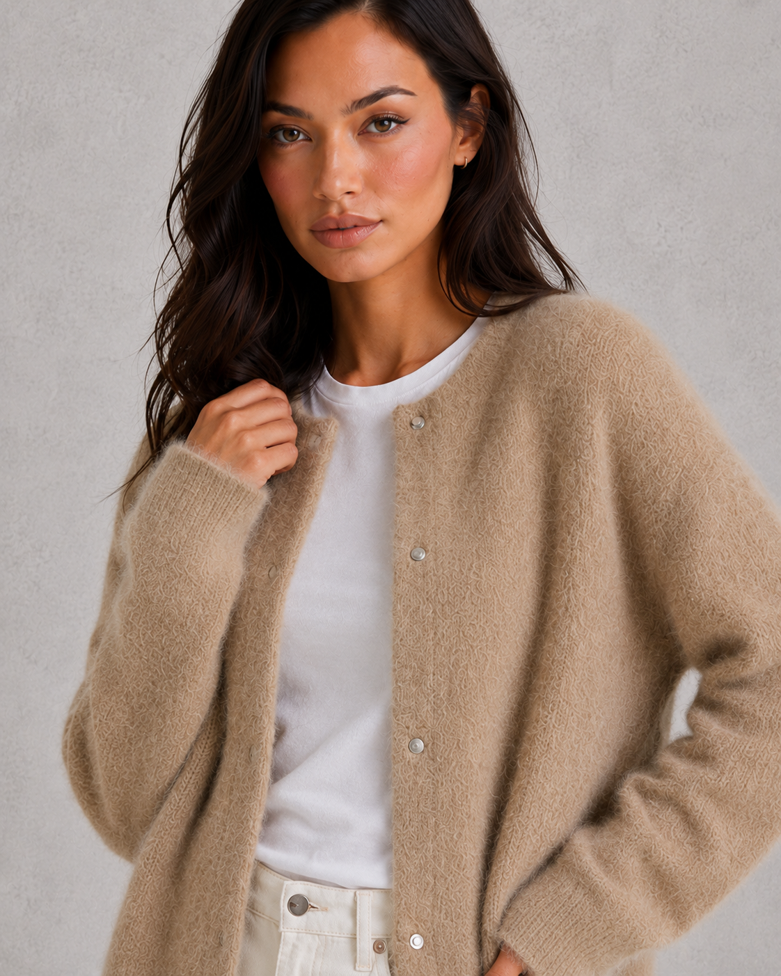 Women's relaxed-fit soft knit cardigan in a classic design with elegant drape and comfortable everyday styling.