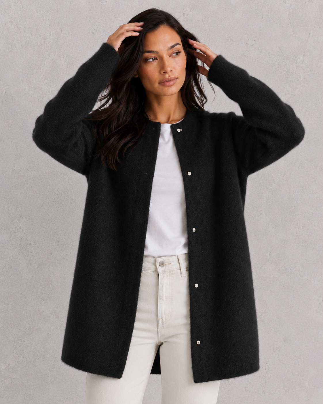 Women's relaxed-fit soft knit cardigan in a classic design with elegant drape and comfortable everyday styling.