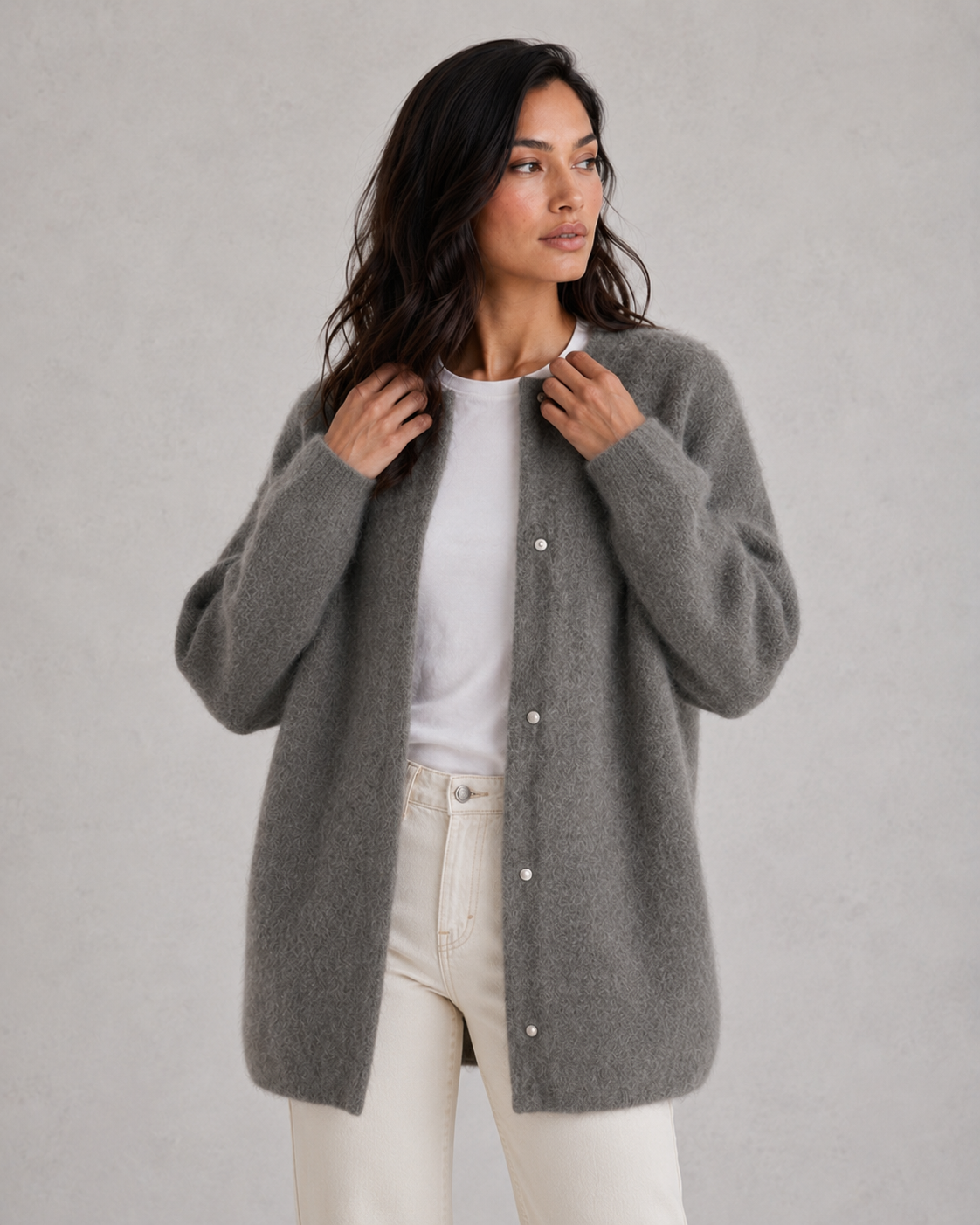 Women's relaxed-fit soft knit cardigan in a classic design with elegant drape and comfortable everyday styling.