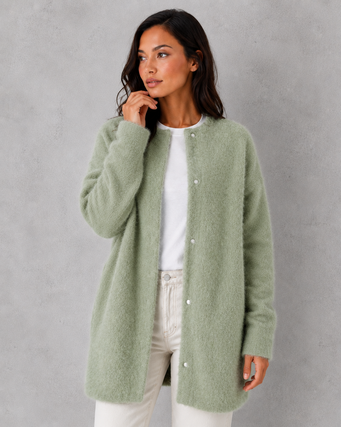 Women's relaxed-fit soft knit cardigan in a classic design with elegant drape and comfortable everyday styling.