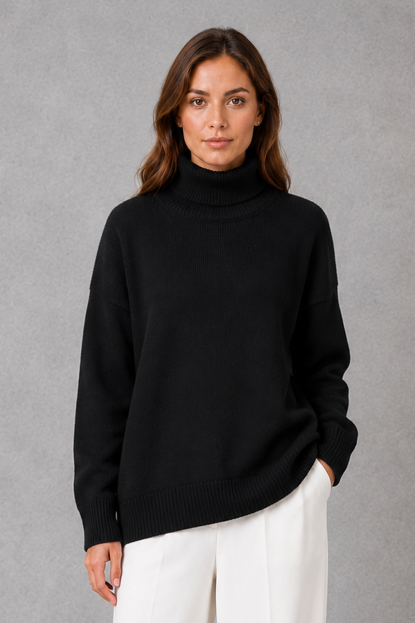 Women’s relaxed turtleneck sweater with a cozy high neckline, loose-fitting silhouette and soft stretch-knit construction for everyday wear.