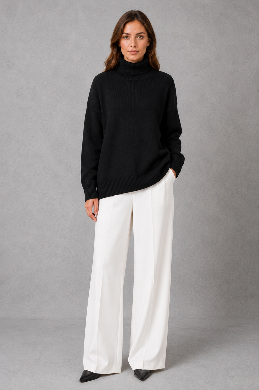 Women’s relaxed turtleneck sweater with a cozy high neckline, loose-fitting silhouette and soft stretch-knit construction for everyday wear.