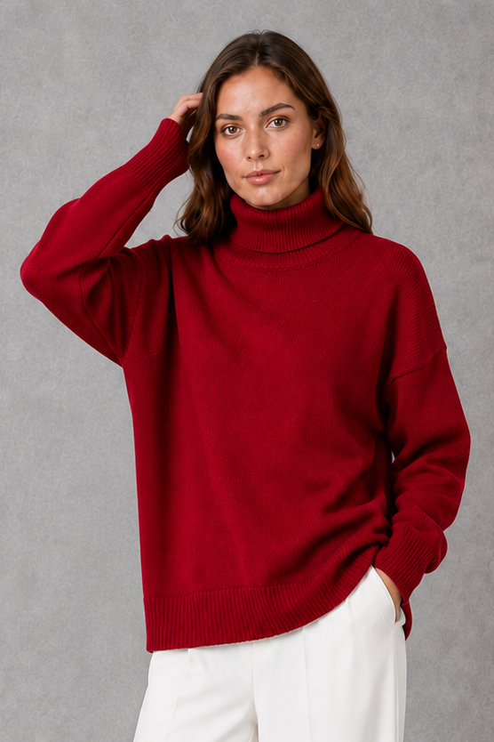 Women’s relaxed turtleneck sweater with a cozy high neckline, loose-fitting silhouette and soft stretch-knit construction for everyday wear.