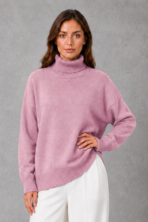 Women’s relaxed turtleneck sweater with a cozy high neckline, loose-fitting silhouette and soft stretch-knit construction for everyday wear.