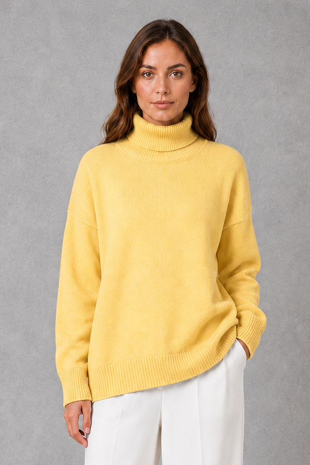 Women’s relaxed turtleneck sweater with a cozy high neckline, loose-fitting silhouette and soft stretch-knit construction for everyday wear.
