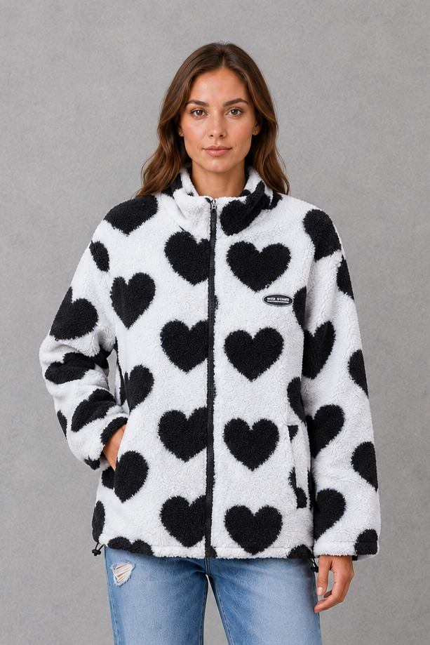 Women’s reversible heart print jacket with a lightweight soft-touch construction, feminine silhouette and versatile 2-in-1 design.