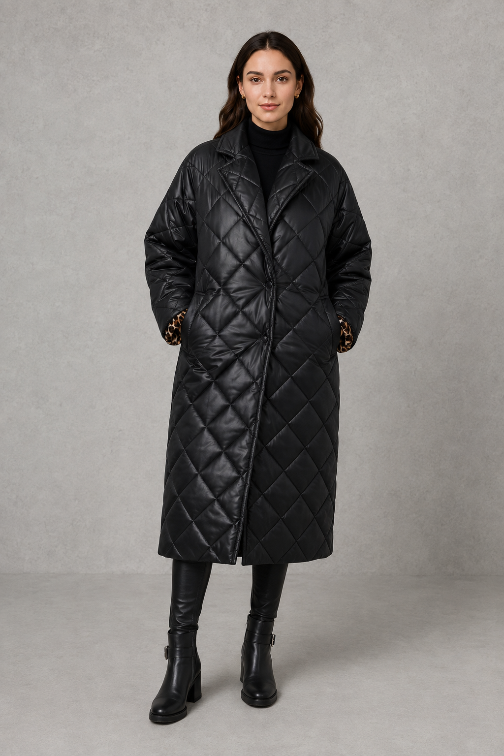 Women’s reversible quilted leopard coat with a 2-in-1 design, lightweight padding, classic lapel, hidden snap closures, and practical side pockets.